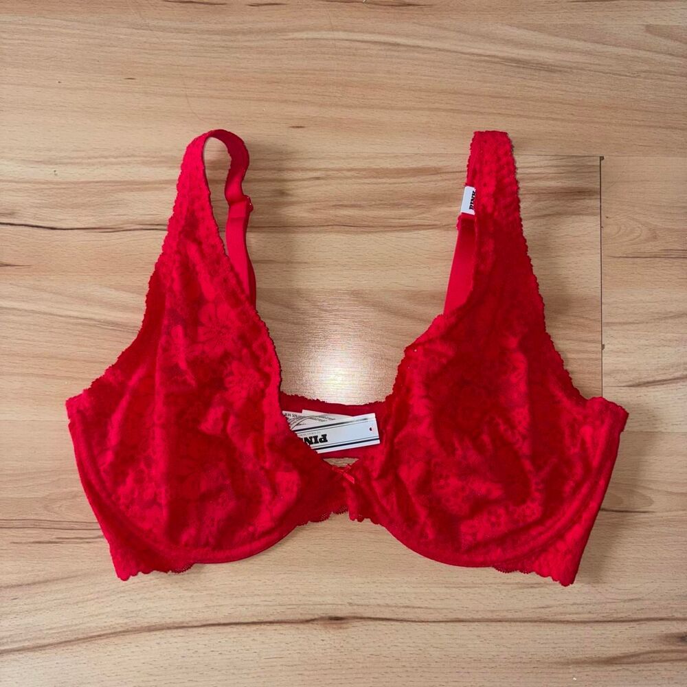 Victoria's Secret PINk NWT Red Unlined Plunge Lace Bra size 36DD